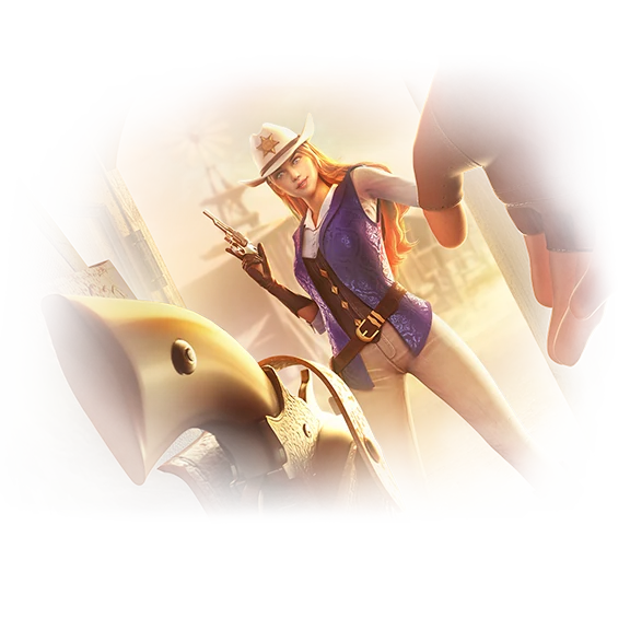 Cass, the bounty hunter from Wild Bounty Showdown, with a revolver in a saloon doorway